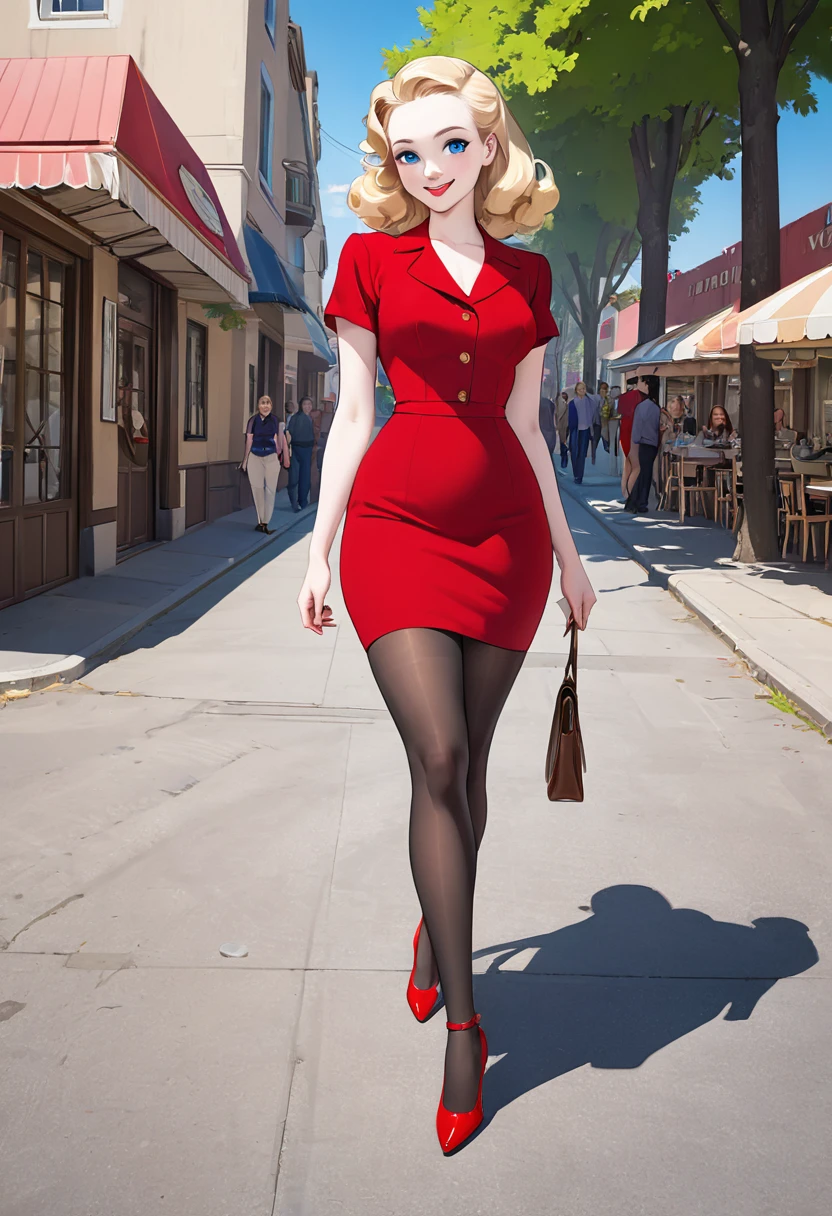 masterpiece, small head,1940s hairstyle, stunning teen blonde woman with pale skin, blue eyes, smilling face, wearing red dress, pantyhose,red stilettos ,thick calves,thick legs , big ass. She is walking