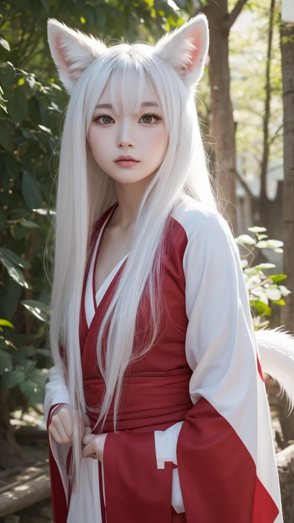 White Demon Fox、Nine-tailed Fox、Japanese women、kimono、Fair skin、Red lines on face、8K、I have long hair