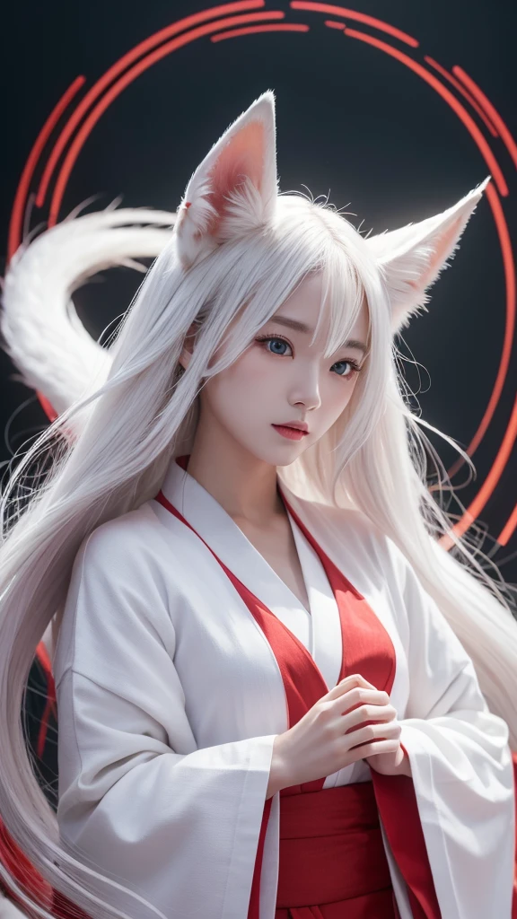 White Demon Fox、Nine-tailed Fox、Japanese women、kimono、Fair skin、Red lines on face、8K、I have long hair、night、front face