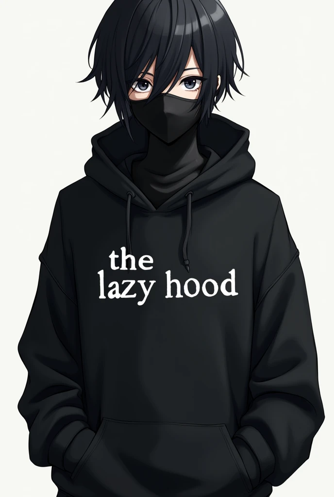 Anime boy with black hoodie white letters spanish the lazy Hood with black hoodie long black hair black eyes Black oni mask covering a quarter of his face Hands in pockets Detailed portrait of anime boy 