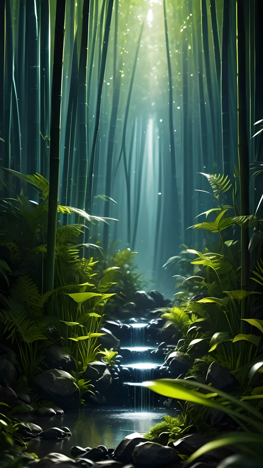 Bamboo forest in the dark night, Delicate and sharp, film production, Soft interior lighting, Many small fireflies flying, Holographic Flash, Vibrant colors, Fantastic rainbow reflection, Metallic luster, The balance between pitch-black darkness and shiny particles, Sharp and delicate, Watercolor style CG, High contrast, Perfectly tuned Octane rendering, Dramatic chiaroscuro, Antiretroviral therapy, Extreme aesthetics,