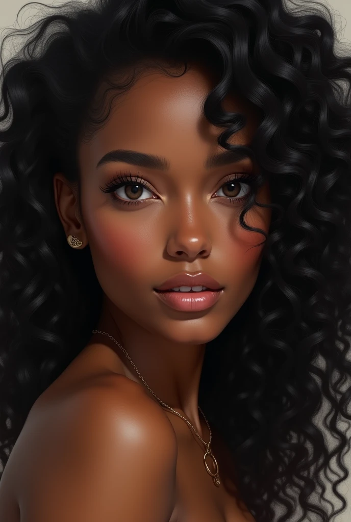 Une belle femme réaliste couleur marron au cheveux type 4c long frisé noir qui a un regard hypnotique qui semble humain