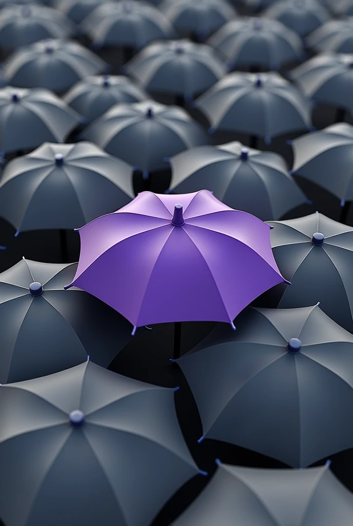 more than 10 gray umbrellas seen from above and a purple one in the middle of them, standing out without having the slightest distance from each other