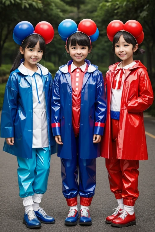 Three girls kindergarten　clown　Rubber suit　Hair color: Blue　Circus hut　Japanese　Red and blue suit　Raincoat