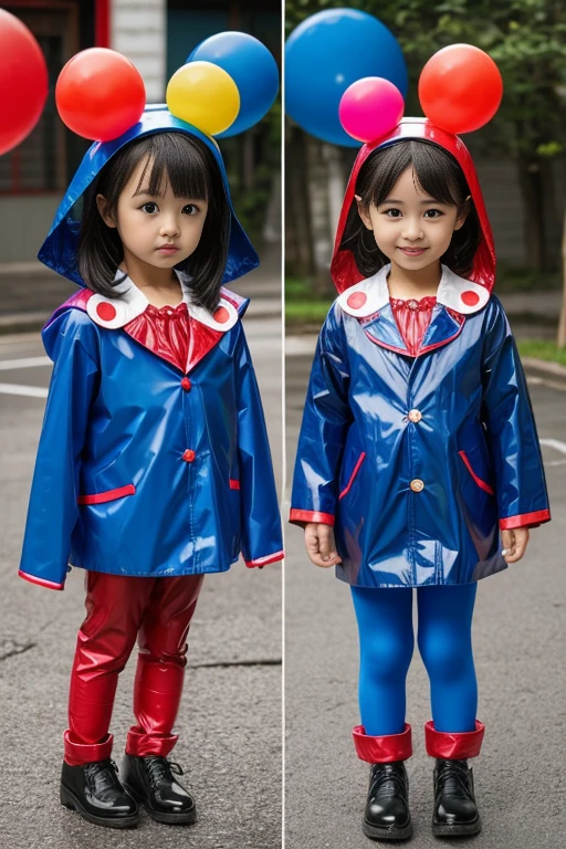 Three girls kindergarten clown Rubber suit Hair color: Blue Circus hut Japanese Red and blue suit Raincoat