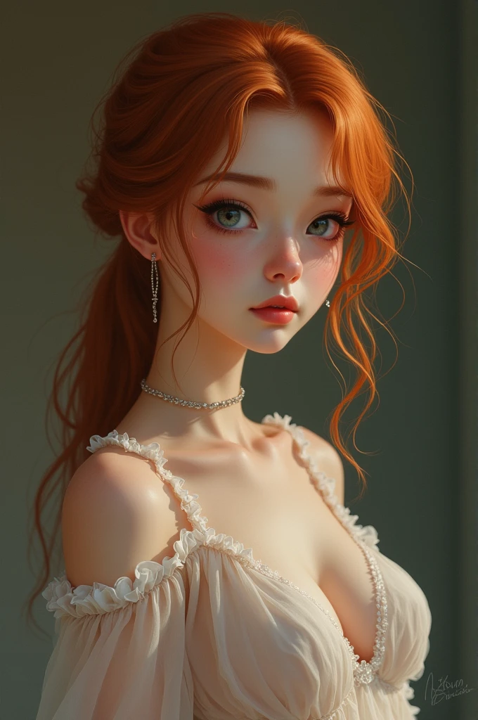best qualityer, work of art, (realisitic: 1.2), 1 girl, slender girl, ginger hair, eyes browns, 3/4 view, face detailed, gorgeous eyes, eyes gray, eyes large, breasts small, choker, see through gown and breasts leaking milk