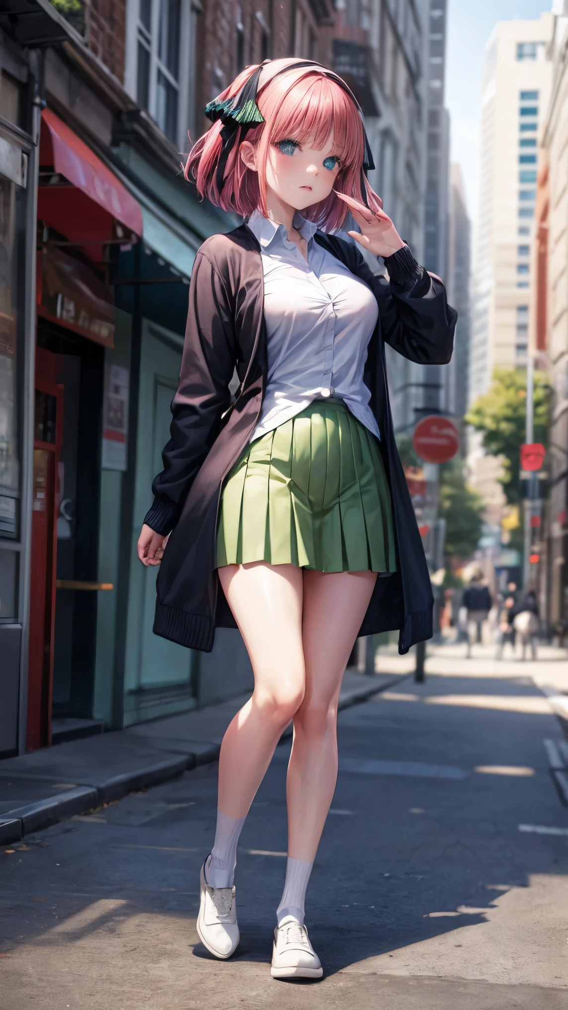 of the highest quality、A girl、、full body figure,big 、big perfect five fingered hands、Nino Nakano,shy face、perfect thing、big breasts、perfect arms、perfect legs、Detailed description、small details、detailed face、White skin、voluptuous legs、in the city、in the city、back view、to look behind、turn around、Pose that emphasizes the glutes.、black panties、I can see your panties、Voltear la Skirt、lift Skirt、Nino Nakano, short hair, hits, blue eyes, hair ornament, hair band, pink hair, blunt hits, two sides up, butterfly hair ornament,Skirt, shirt, long sleeves, white shirt, pleated Skirt, open clothing, collared shirt, sleeves beyond the wrists, dress shirt, cardigan, green Skirt, open cardigan, Black cardigan,white thigh high socks (bare breasts) (medium breasts) (buttocks in sight)