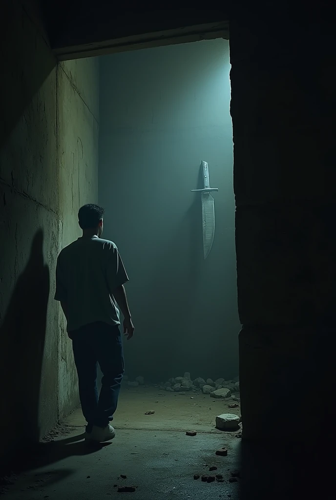 A man walks away and finds a knife stuck in a wall
