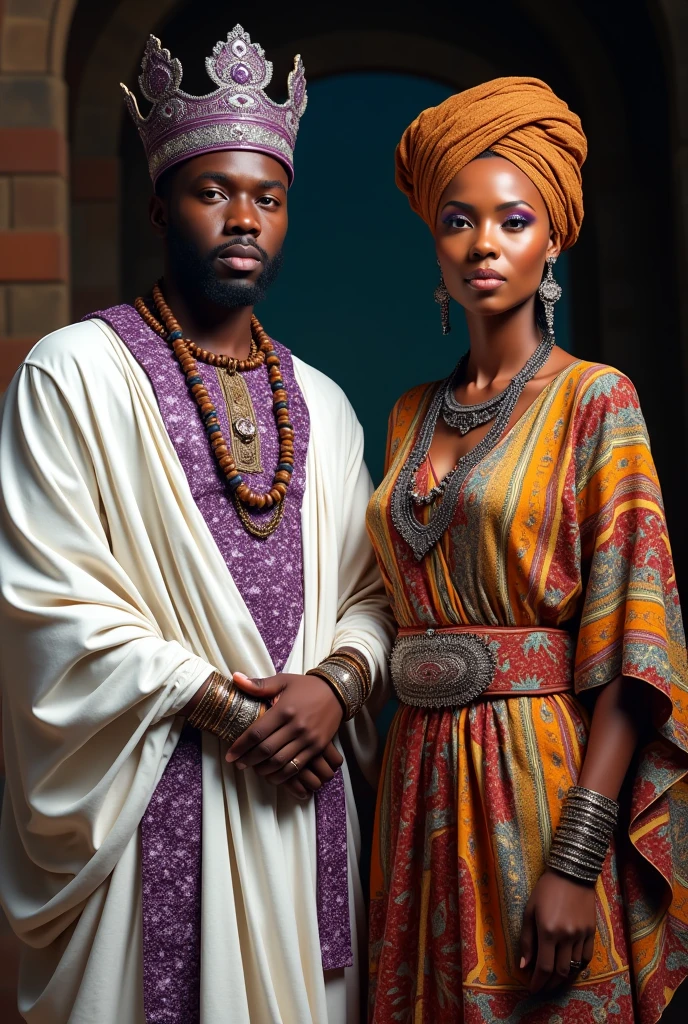 African man dressed in a white tunic and purple sparkles with African necklaces and a purple crown with silver bracelets accompanied by an African woman in a colorful dress and an amber turban with copper necklaces and bracelets
