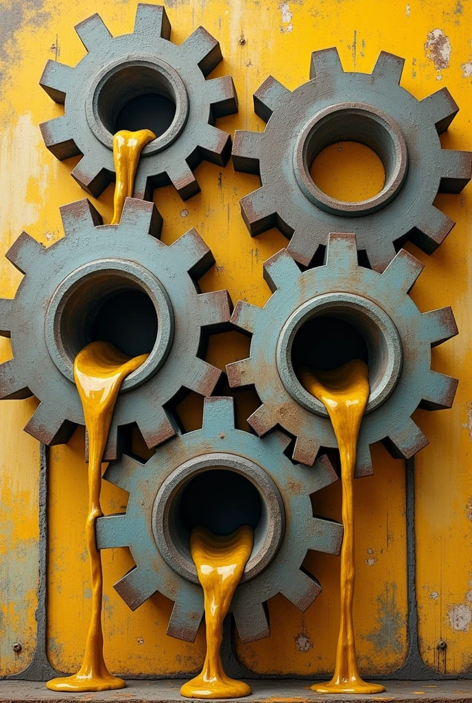 generates an image of a gear system on a cheerful background being sprayed with oil, The gears have mouths in the middle and they open as the oil flows down the outside of the gears themselves.. It&#39;s in style "collage"