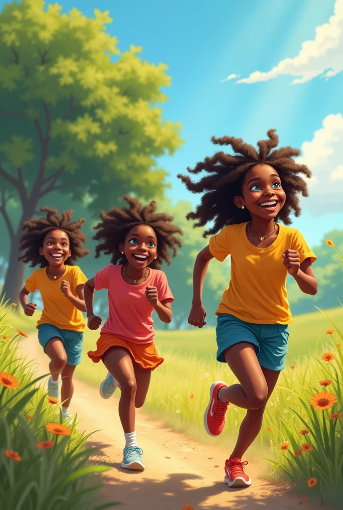 (best qualityer,high resolution),detailed portrayal, and African Americans,sprinting,happy expression,blue colored eyes,hair disheveled by the wind,smiling faces, and happiness,beautiful outdoor setting,Flowing grass,clear blue sky,lush green trees,laughter and laughter,freckles on cheeks,energetic movement,rays of sunlight,shadows and highlights,playful interaction,Innocence and youth,inspiring and lively atmosphere,colorful clothes,positive energy,happy memories,bright coloured,heat of the summer day,unconditional love and friendship.