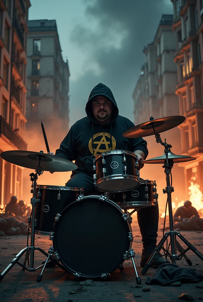 Half-fat drummer dressed in a hoodie, blouse with anarchy symbol print, playing on his complete black two-tone drum kit, in the street of the war-torn city and in flames at night, bodies of dead soldiers lying on the ground, smoke