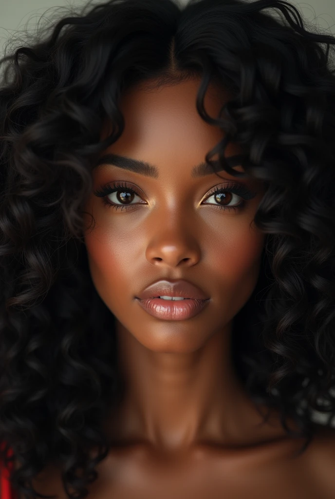 Une belle femme réaliste couleur marron au cheveux type 4c long frisé noir qui a un regard hypnotique qui semble humain