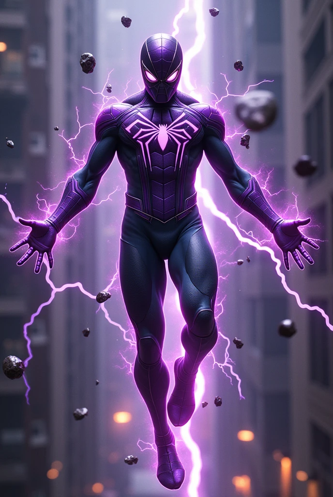 magneto merged with spiderman, purple metalic magneto helmet, levitating mid air, magnetic powers, lightening, black and purple suit, strong magnetic field, metalic objects floating around