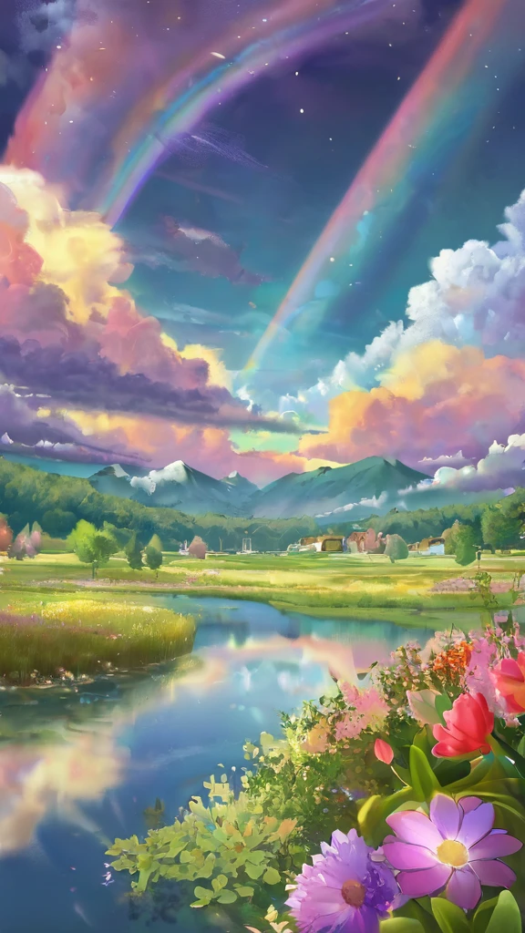 Colorful,Dreamy landscape, cloud, light piercing through the cloud, Reflection on the surface of the water, Calm spring,flower々,Quiet atmosphere, Richness in details, Surreal beauty, Magical Aura, Fantasy Landscape, High quality digital art, Vibrant colors, Fantastic lighting, Enchanting atmosphere, artistic expression, Otherworldly feeling, Beautiful brushwork, Surrealism, Photorealistic elements, Magnificent View, Peaceful tranquility, Immersive Experience, Breathtaking views, Picturesque views, Mysterious charm, Mysterious atmosphere, Nuances, A magical dream.