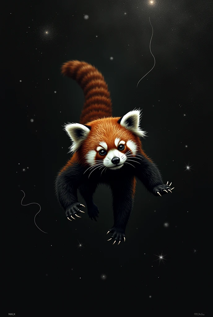 Create a black and white illustration, of a red panda floating in the vacuum of space, in the Gothic style with horror elements