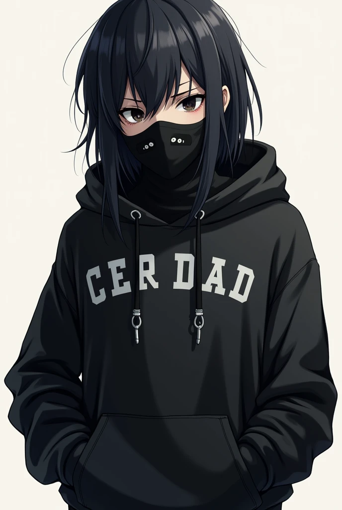 Anime boy with black sweatshirt white letters ,the lazy guy Hooded with black sweatshirt Long black hair Black eyes Black oni mask covering a quarter of his face Hands in pockets Detailed portrait of the anime boy 