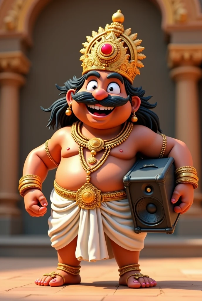 Appears to depict a 3D animated character, possibly modeled in the style of a traditional Indian royalty or deity, with exaggerated features for comical or friendly effect. The character is a smiling, wide-eyed, moustached male.He wears a gold crown adorned with red jewels and has long, wavy black hair. His attire includes a white dhoti, various gold ornaments such as necklaces, earrings, bangles, and holds a Marshall speaker in his left hand. His expression is happy and surprised, and the overall style is energetic and cartoonish.He was fat man