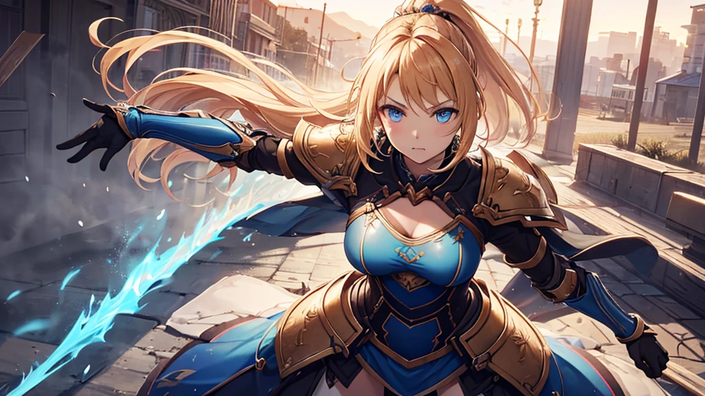 (最high quality, High resolution, Textured skin, high quality, Attention to detail, Precise CG unification), (woman),Golden hair in a ponytail, Put on your armor, blue eyes,Fighting,((Hurt 1.6)) ,Game CG