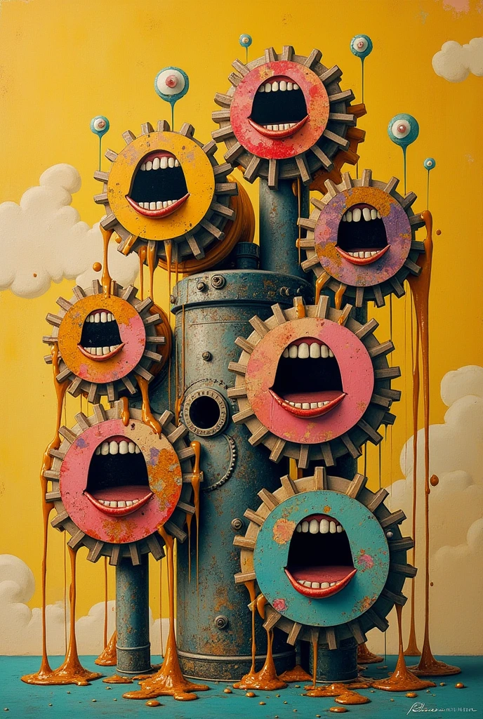 generates an image of a gear system on a cheerful background being sprayed with oil, The gears have HUMAN mouths in the middle and they open as the oil flows down the outside of the gears themselves.. It's in style "collage"