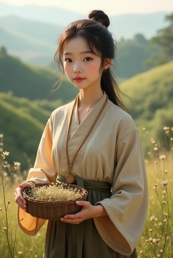 A young Asian shepherdess dressed simply, Rustic costumes, Holding a small basket of flowers or herbs, Symbolizes her connection with nature.