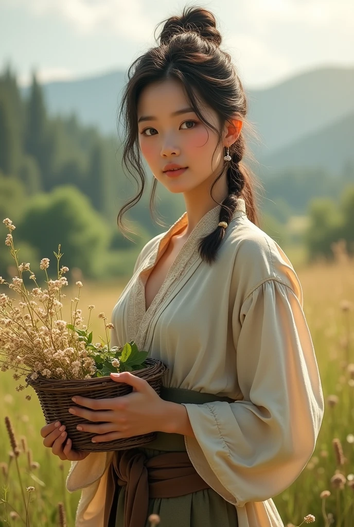 A young Asian shepherdess dressed simply, Rustic costumes, Holding a small basket of flowers or herbs, Symbolizes her connection with nature.