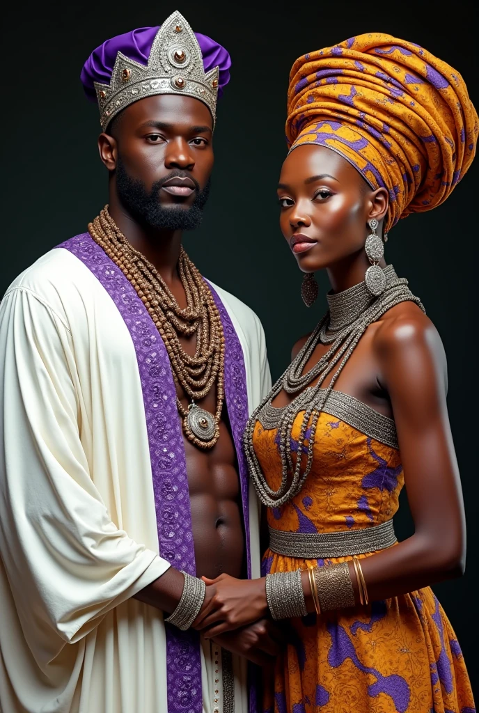 African man dressed in a white tunic and purple sparkles with African necklaces and a purple crown with silver bracelets accompanied by an African woman in a colorful dress and an amber turban with copper necklaces and bracelets