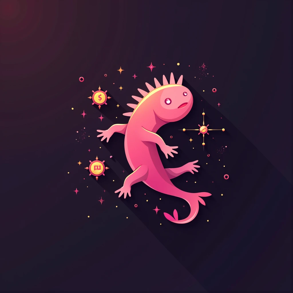A minimalist logo design featuring a stylized pink axolotl as the symbol of Pejecoin, clean lines with a modern, tech-inspired aesthetic, the axolotl’s body forming a coin shape with subtle crypto-themed details, rendered in a bold and contrasting color scheme with shades of pink and gold