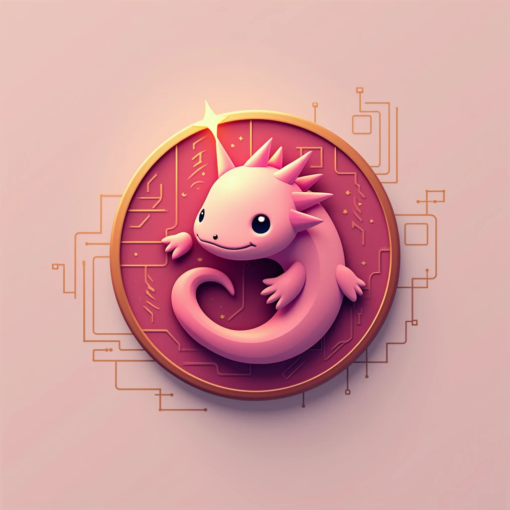A minimalist logo design featuring a stylized pink axolotl as the symbol of Pejecoin, clean lines with a modern, tech-inspired aesthetic, the axolotl’s body forming a coin shape with subtle crypto-themed details, rendered in a bold and contrasting color scheme with shades of pink and gold