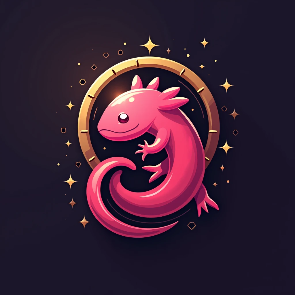 A minimalist logo design featuring a stylized pink axolotl as the symbol of Pejecoin, clean lines with a modern, tech-inspired aesthetic, the axolotl’s body forming a coin shape with subtle crypto-themed details, rendered in a bold and contrasting color scheme with shades of pink and gold