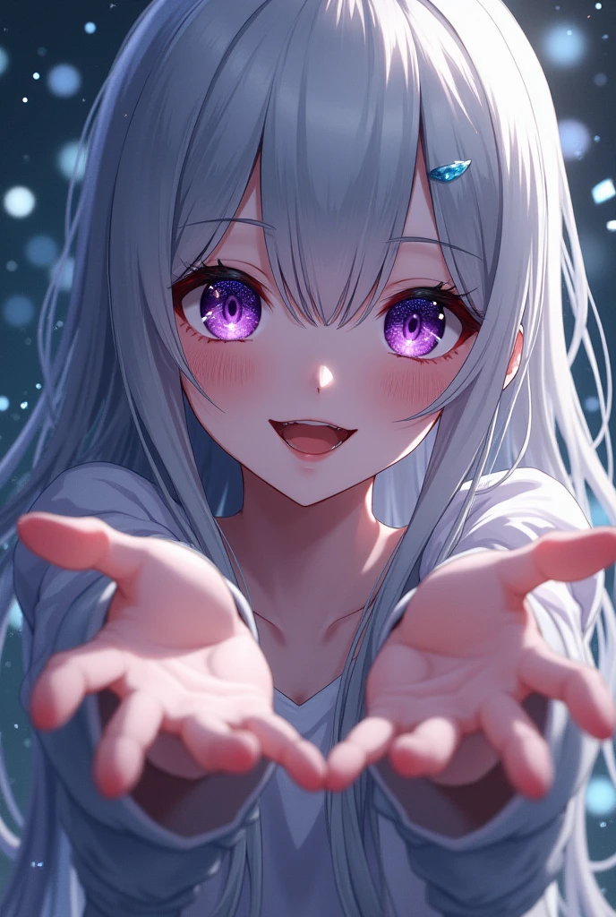 (masterpiece)、top quality、Depth of Field、glass shards、Simple background、1 girl in、solo、Hands of Guido Daniel、looking at the audience、double tail、((stretched out her hands))、Open your hands、tears、((Direct))、(silver hair)、Dark purple transparent eyes、((beautiful turd、delicate eyes、eyes like gems、radiant eyes:1.3))、a smile
