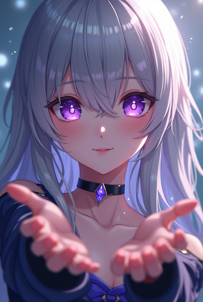 (masterpiece)、top quality、Depth of Field、glass shards、Simple background、1 girl in、solo、Hands of Guido Daniel、looking at the audience、double tail、((stretched out her hands))、Open your hands、tears、((Direct))、(silver hair)、Dark purple transparent eyes、((beautiful turd、delicate eyes、eyes like gems、radiant eyes:1.3))、a smile