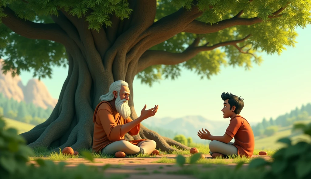 In 3d animation style:**Ramesh and the sage sitting together under a large, ancient tree**, the sage imparting wisdom about the true nature of wealth and responsibility