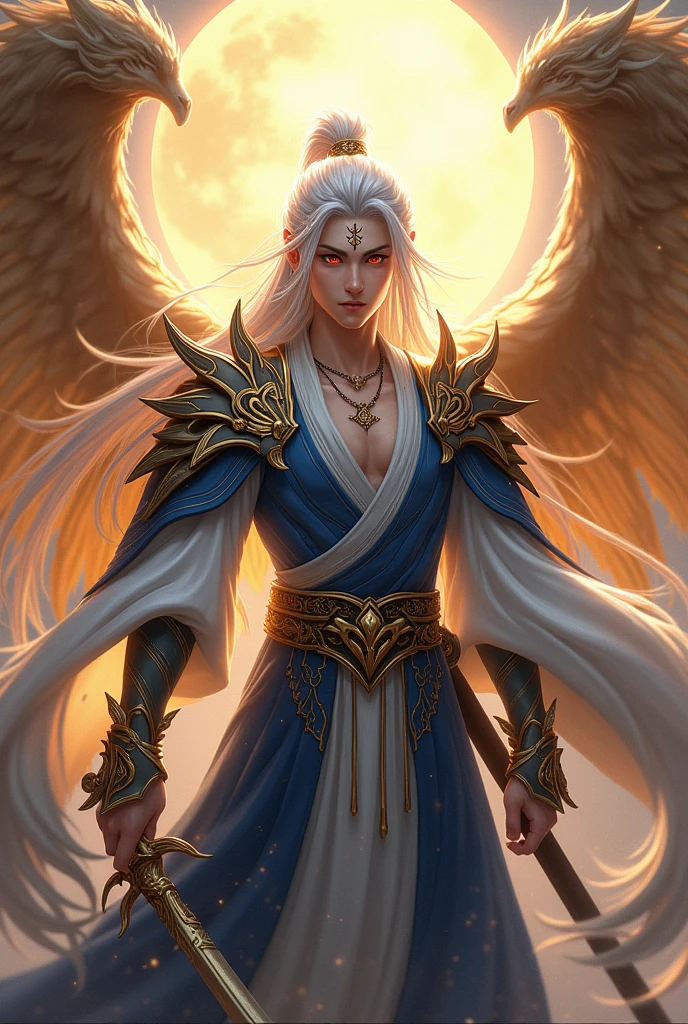 Handsome young xianxia protagonist,man,guy,long silver hair, Crimson red and golden amber eyes combination ,and long silver hair with white undertone,and the golden rune motiv scratched on his forehead,use armour featuring like pattern on furr of white Tiger chinese with azure and white dominant color,pauldron protective shape like dragon head,shoulder protective dragon shape like head,sun and moon circling at the background,the tassel of the armour like river of galaxy, combination of azure and white dominant color,white dominant color,with majestic purple line ,held mystical sword, And majestic golden wings at back,wings at back,terrifying aura around,24K ultra hd,face and eyes detail,lips and face detail,masterpiece ,better quality