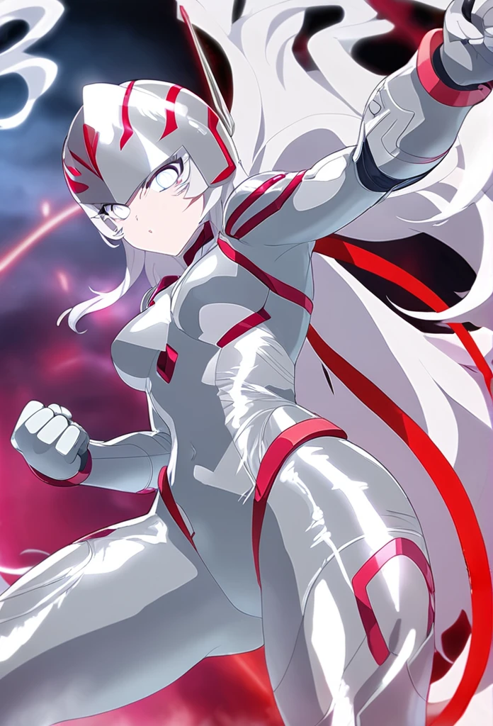 Fighting monsters、Super Heroine(Silver combat suit with red lines、Silver helmet with milky white eyes)