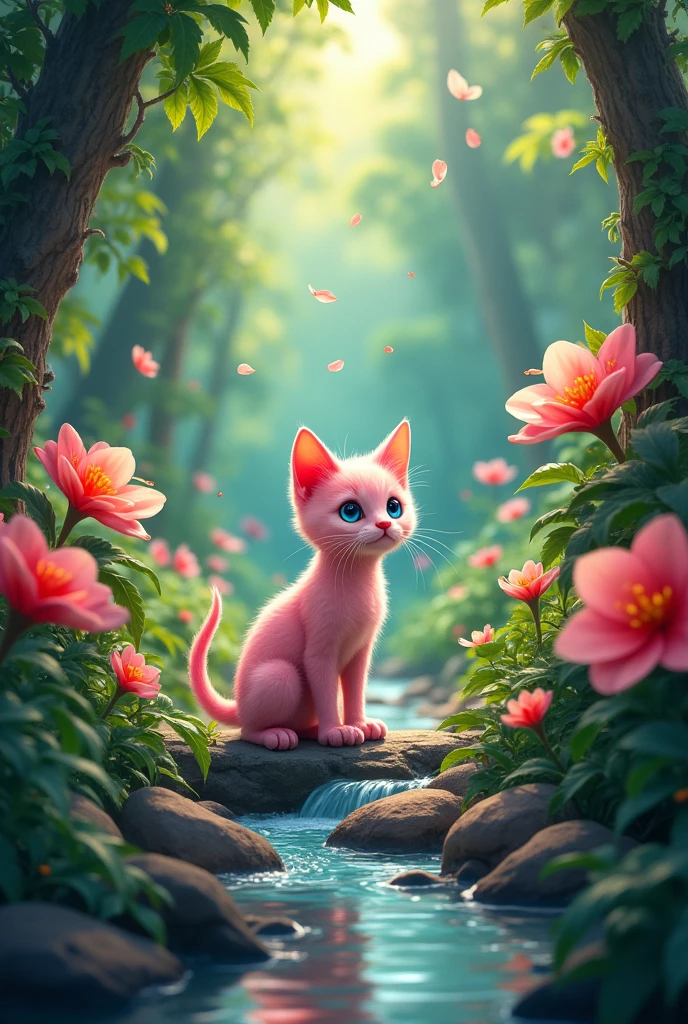 The Birth of the Pink Cat .Finding a Hidden Garden ,After the battle, the kitten stumbles upon a hidden garden deep within the forest. The garden is filled with vibrant, exotic flowers, and a gentle stream flows through it. 