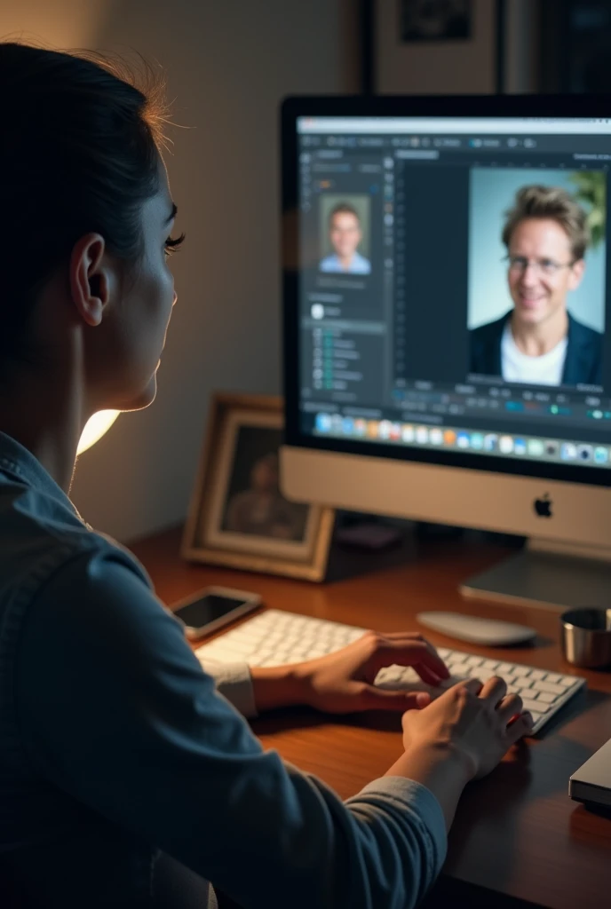 An over-the-shoulder shot showing a computer screen with the photo of the deceased loved one in Photoshop, ready for editing. The hands of the editor are visible, and the focus is on the screen. The atmosphere should feel professional but compassionate.