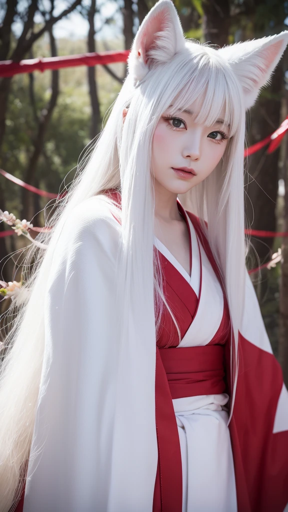 White Demon Fox、Nine-tailed Fox、Japanese women、kimono、Fair skin、Red lines on face、8K、I have long hair