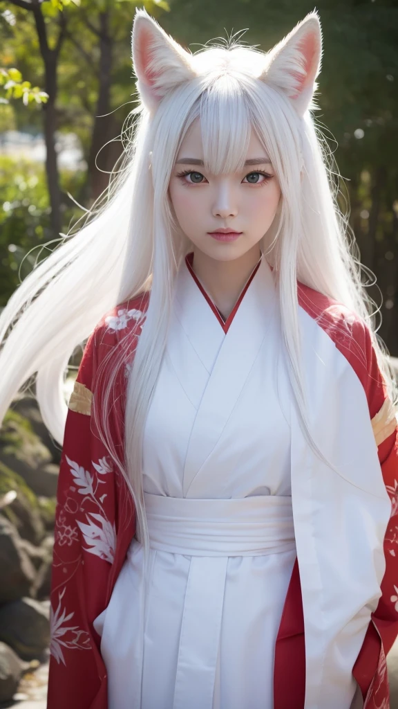 White Demon Fox、Nine-tailed Fox、Japanese women、kimono、Fair skin、Red lines on face、8K、I have long hair