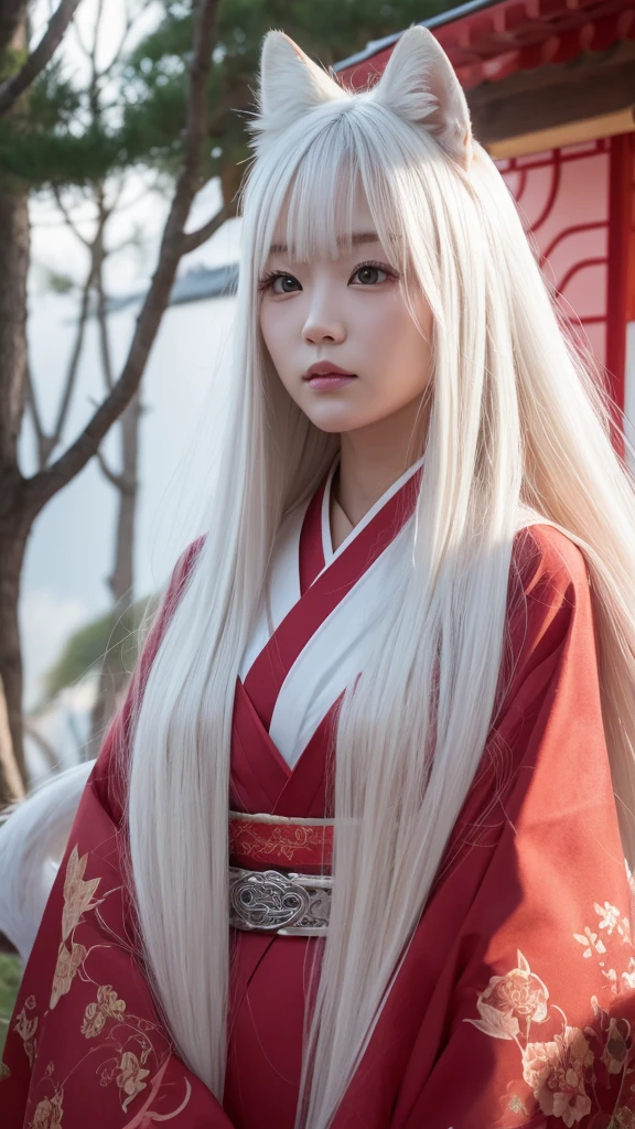 White Demon Fox、Nine-tailed Fox、Japanese women、kimono、Fair skin、Red lines on face、8K、I have long hair