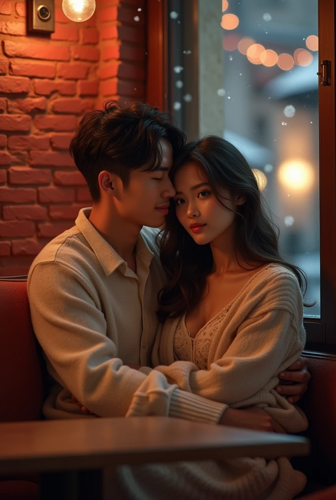 Tanned japanese handsome man holds a tanned japanese woman, both wearing warm winter outfit in soft colors, they both looking at camera soft smile, and the woman lay her head on his chest looking at camera, sitting sida by side in a cozy sofa inside warm cafe in paris, wall is red brick, snows fall from sky at night seen on window, focus on couples, bokeh, full body shot, ultimate photorealistic
