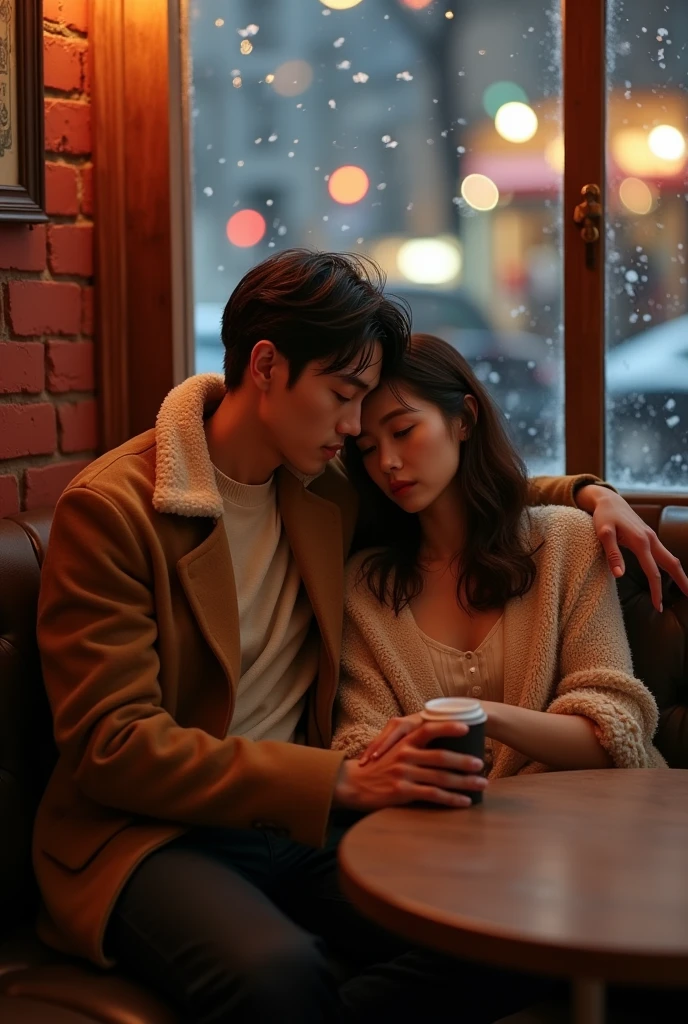 Tanned japanese handsome man holds a tanned japanese woman, both wearing warm winter outfit in soft colors, they both looking at camera soft smile, and the woman lay her head on his chest looking at camera, sitting sida by side in a cozy sofa inside warm cafe in paris, wall is red brick, snows fall from sky at night seen on window, focus on couples, bokeh, full body shot, ultimate photorealistic