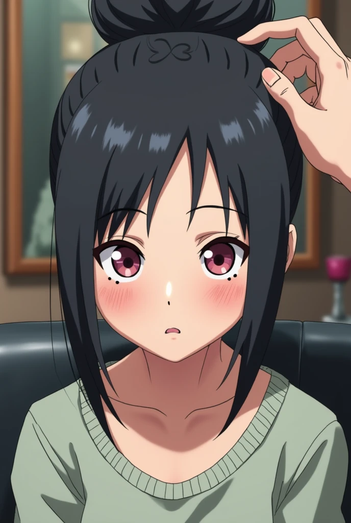 1 st girl, Hinata hyuga , bakugan eyes , beautiful detailed lips, extremely detailed face, long eyelashes, barber shop interior, beautiful detailed hair in bun, Hinata Hyuga looking at mirror, barber opening Hinata Hyuga's hair, Naruto shippuden style animation 