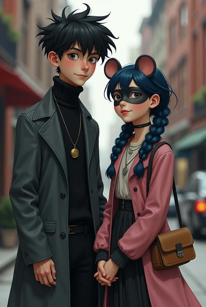 Tall teenager with fluffy black hair,Pale skin,green eyes, He has dark circles, Her hair covers one of her eyes and also her ears., He wears a black turtleneck sweater, light grey coat, dark grey pants and black shoes,wear a gold pendant, He is holding hands with a teenage girl with navy blue hair that is braided into a single braid,green eyes con pecas en el rostro, Pale skin, pink lips, of average height, wears a black long-sleeved v-neck shirt, pale pink somewhat short skirt, black stockings, brown high boots, a light brown cardigan sweater, a mouse mask that covers half of his face, a silver-colored pendant and a light brown crossbody bag, The girl smiles warmly while the boy has a slight smile, They are set in a North American city during the 1900s.
