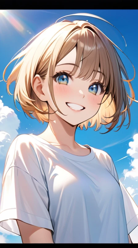 Ultra-realism"Cheerful young woman with short bob haircut, fair skin, and bright smile under a clear blue sky. She's wearing boyish clothes like a loose-fitting t-shirt or button-up shirt. Her expression is lively and cute, with sparkling eyes and a genuine grin. The background shows a sunny day with a few fluffy white clouds, creating a warm and positive atmosphere."