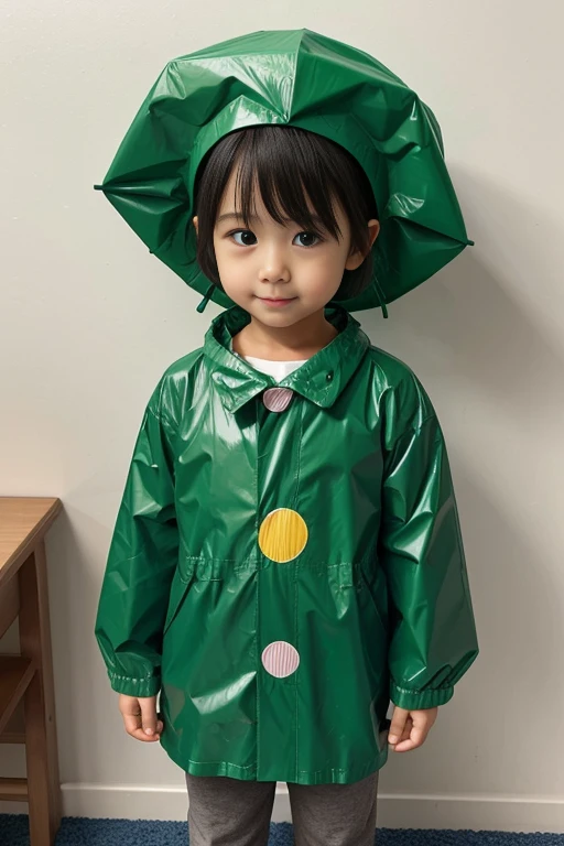 Kindergarten for three clown Rubber suit hair color: green Circus hut Japanese 赤とgreenのスーツ Raincoat Two-pronged hat