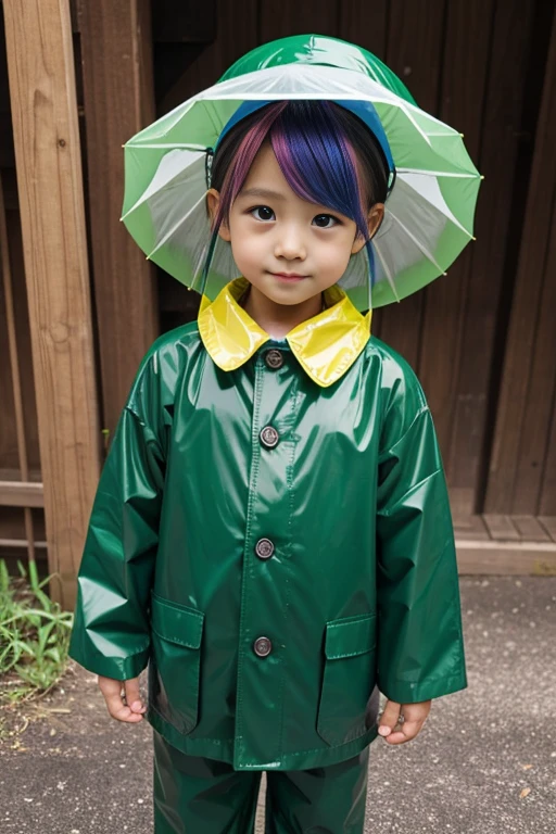 Kindergarten for three　clown　Rubber suit　hair color: green　Circus hut　Japanese　赤とgreenのスーツ　Raincoat　Two-pronged hat