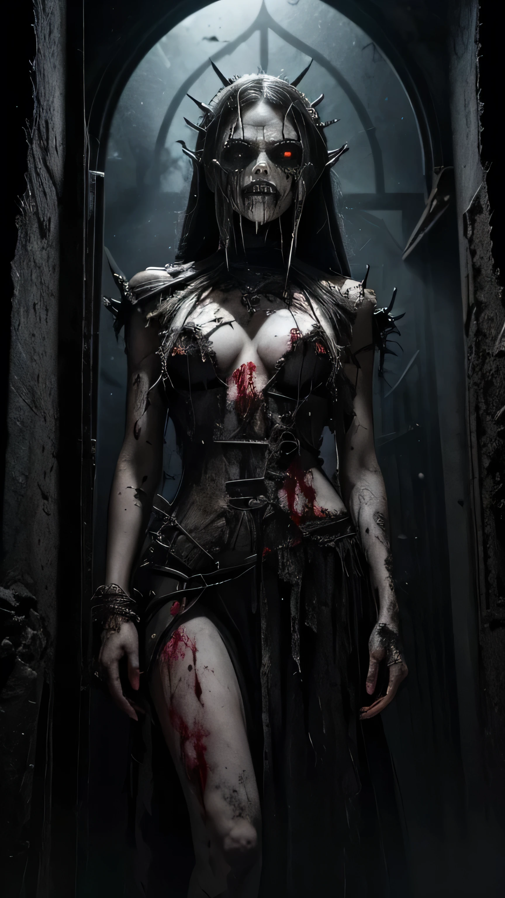 "Include blood, gore, violence, wounds, injuries, corpses, decay, rotten elements, horror elements, scary faces, monsters, grotesque details, mutilation, dismemberment, dark themes, disturbing content, graphic content, explicit content, nightmarish elements."
Include unsettling details, with intense focus on sharp, menacing features. Emphasize dark, shadowy elements that obscure and distort, creating a sense of impending doom. Add bloodstained textures and fractured surfaces to enhance a gruesome, nightmarish effect. Incorporate twisted, elongated limbs or appendages that move unnaturally. Highlight eerie, glowing eyes that pierce through darkness, reflecting a deep malevolence. Add hints of decaying or decomposing elements to suggest an ancient, cursed being. Use jagged, irregular forms and sharp edges to evoke a feeling of dread. Surround the figure with an aura of oppressive, foreboding darkness that creeps into every corner of the scene、