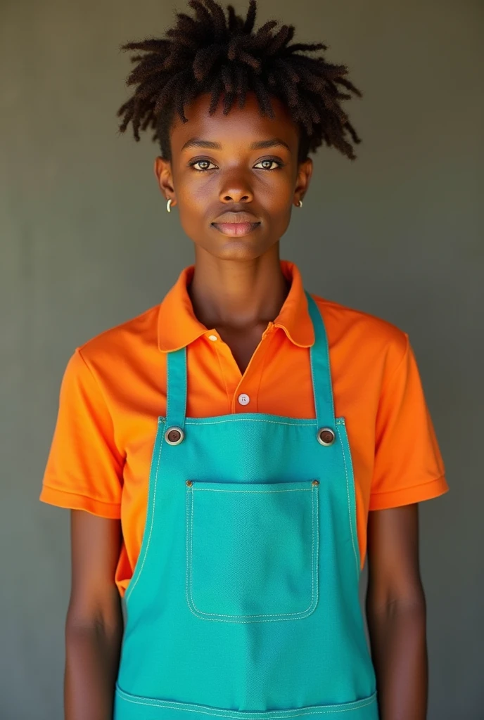 Person dressed in a turquoise cloth apron and a light orange polo shirt