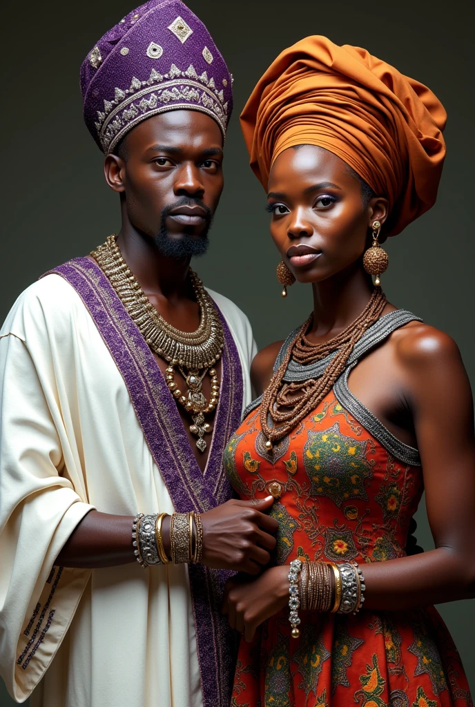 African man dressed in a white tunic and purple sparkles with African necklaces and a purple crown with silver bracelets accompanied by an African woman in a colorful dress and an amber turban with copper necklaces and bracelets